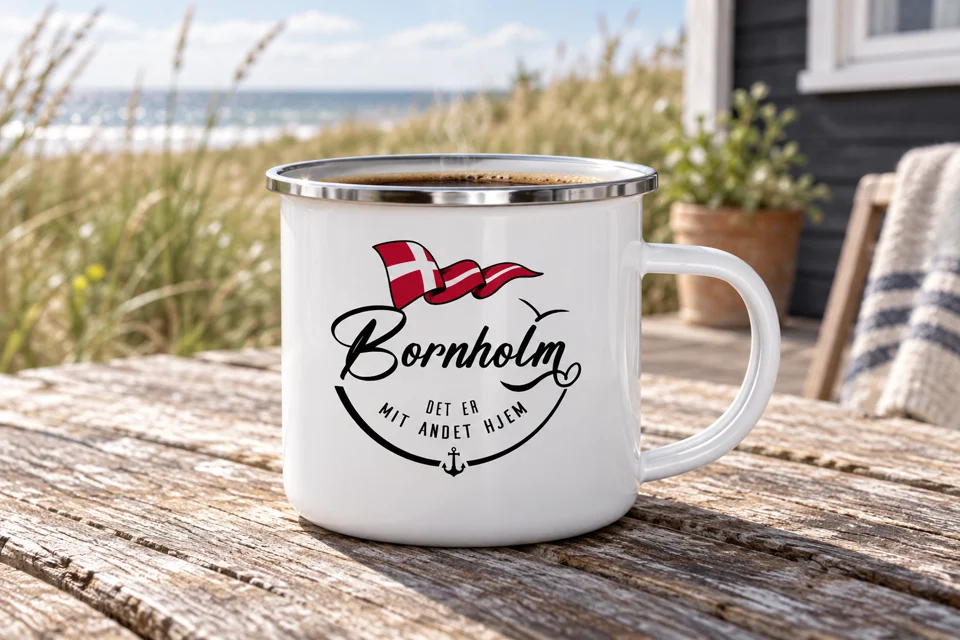 Bornholm-Emaille-Tasse auf einer Ferienhausterrasse