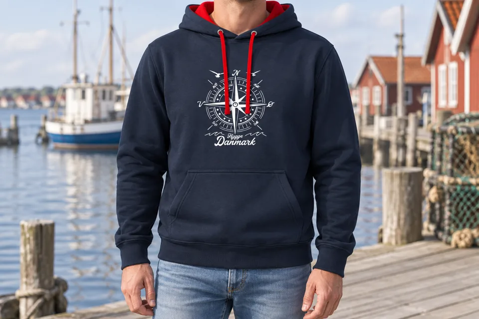 Kontrast-Hoodie in Navy/Rot mit weißem Dänemark-Kompass, getragen am Hafen