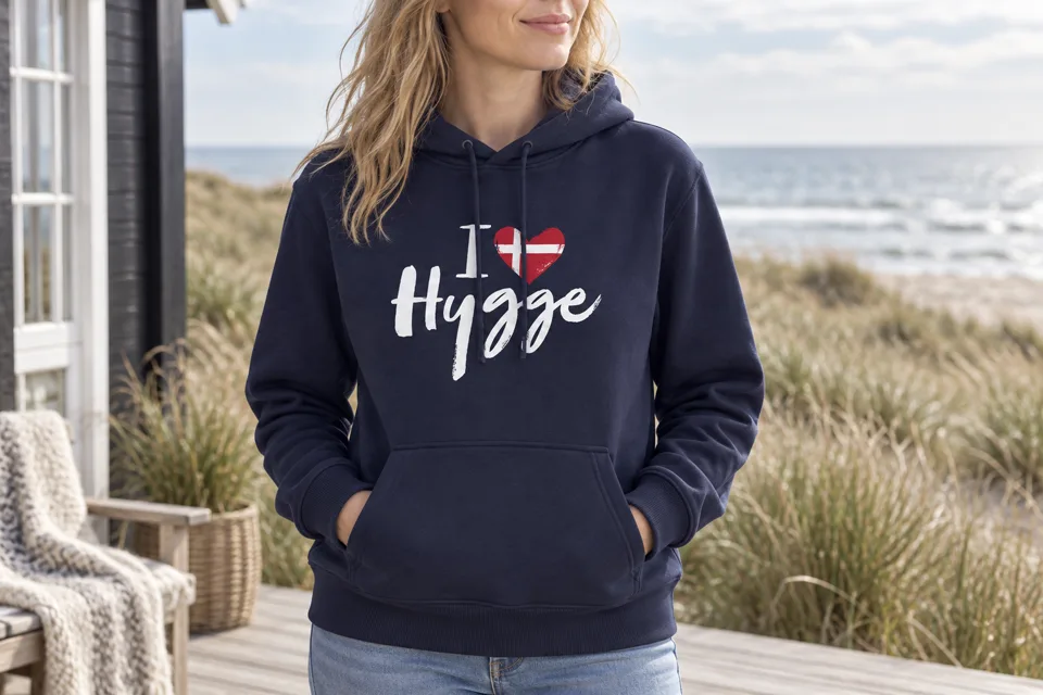 I Love Hygge Hoodie an der dänischen Küste