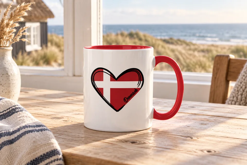 Weiß-rote Dänemark-Herz-Tasse auf dem Frühstückstisch im Ferienhaus mit Meerblick