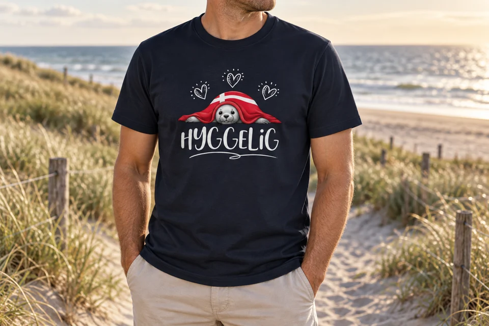 Dunkelblaues Hyggelig-Robben-Shirt am Strand