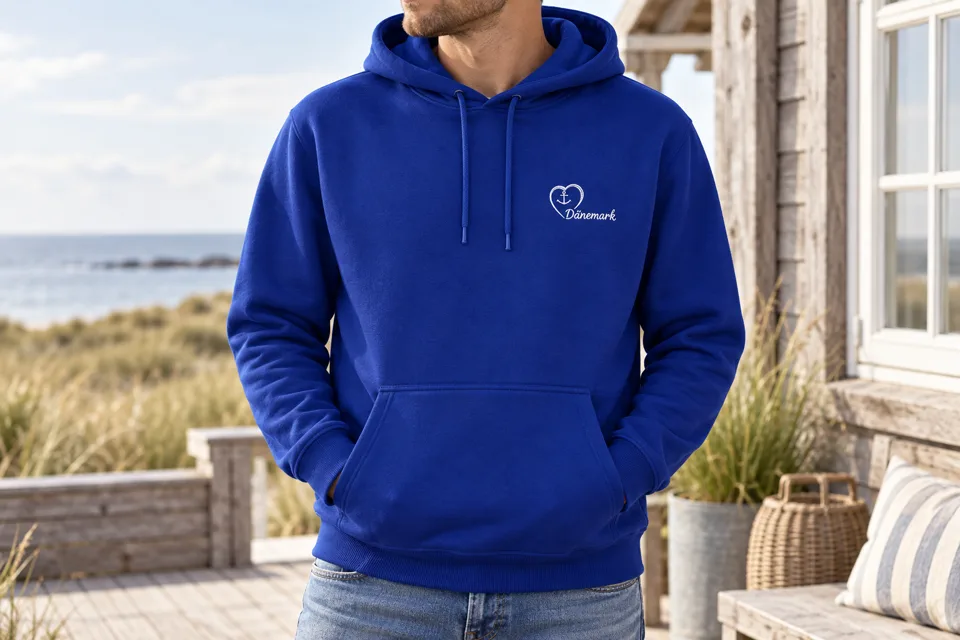 Blauer Hoodie mit gesticktem Dänemark-Herz und Anker