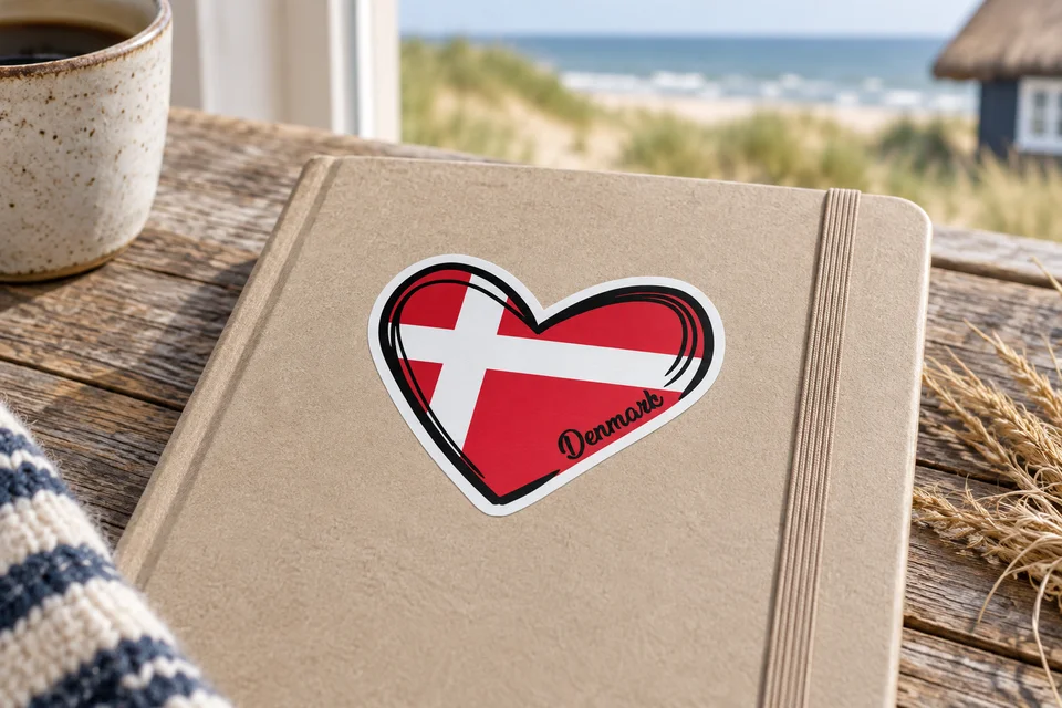 Dänemark-Herz-Sticker auf einem Reisetagebuch