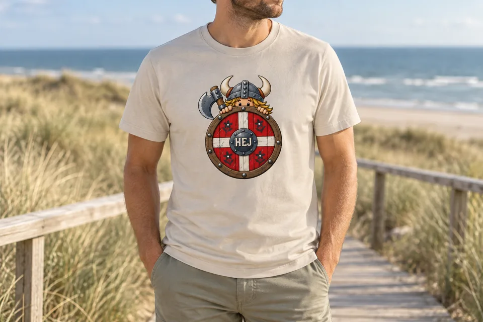 Sandfarbenes Shirt mit HEJ-Wikinger am Meer