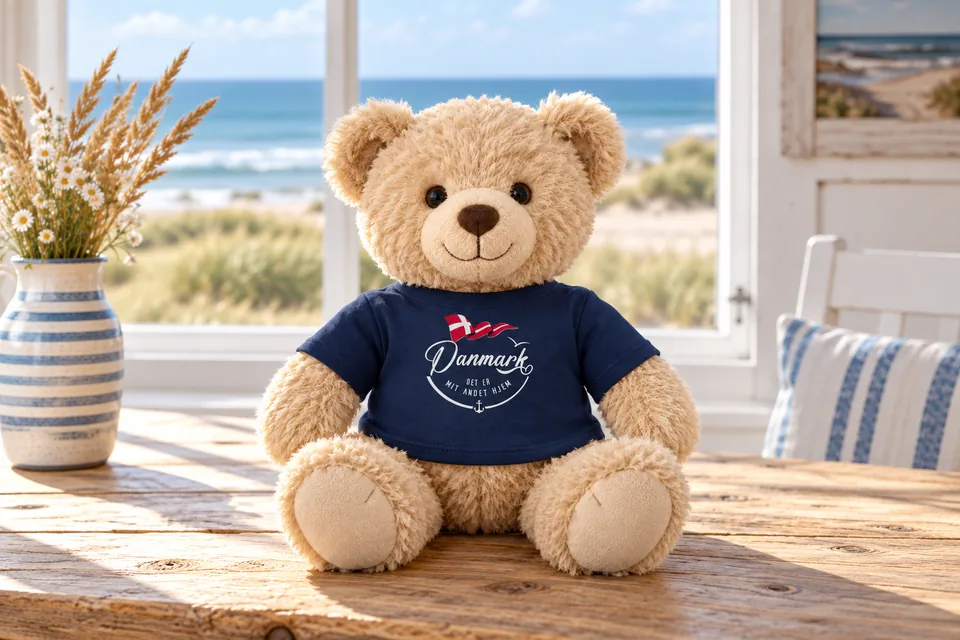 Teddy mit dem Motiv Danmark – det er mit andet hjem im Ferienhaus an der Küste